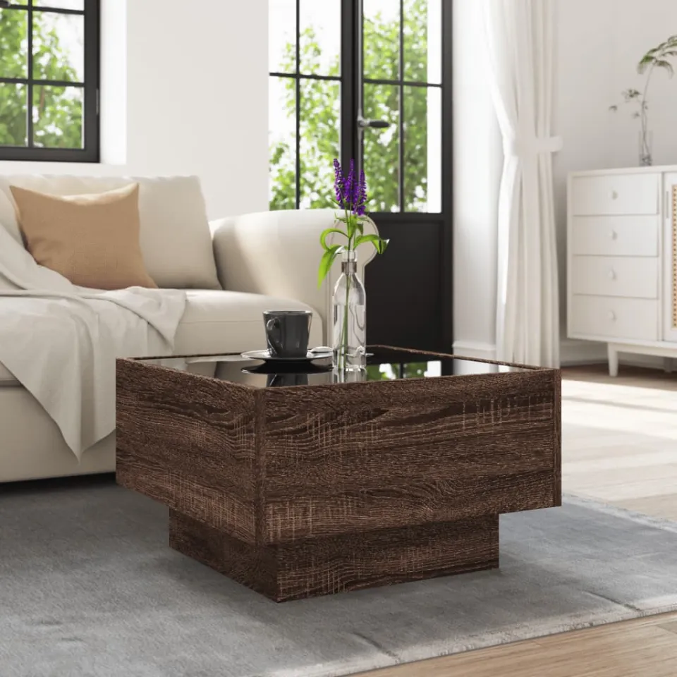 vidaXL Salontafel met LED 50x50x30 cm bewerkt hout bruin eikenkleurig, foto 4