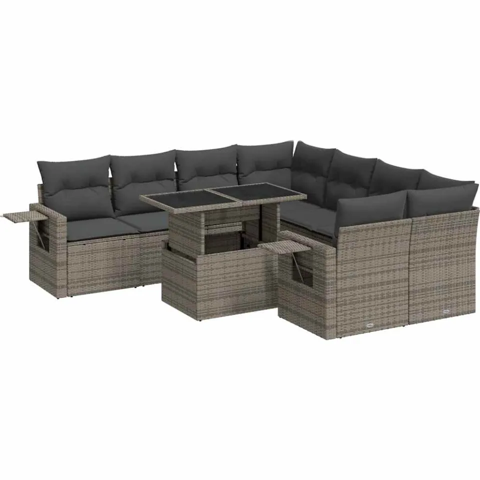 vidaXL 9-delige Loungeset met kussens poly rattan grijs, foto 3