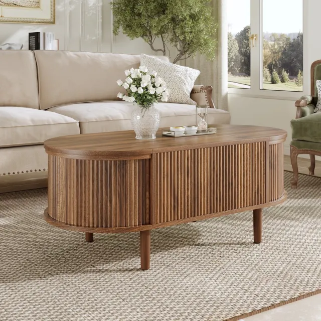 Wishdor Salontafel - Verstelbaar Tafelblad En Opbergruimte - Vintage - Woonkamer - MDF En Massief Hout - Walnoot - 100 x 48 x 53,5 cm Notenhout