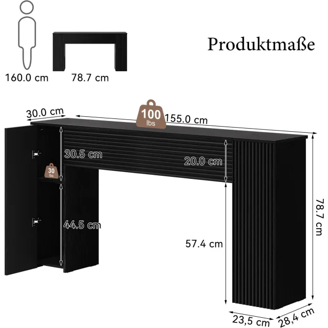 FABATO Gegolfde console 155 cm-Met 2 verborgen opbergvakken-Smalle sofatafel voor de wand-Zwarte haltafel en entreeftafel-Voor woonkamer, hal of foyer-Zwart