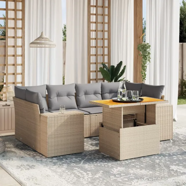 vidaXL 7-delige Loungeset met kussens poly rattan beige, foto 2