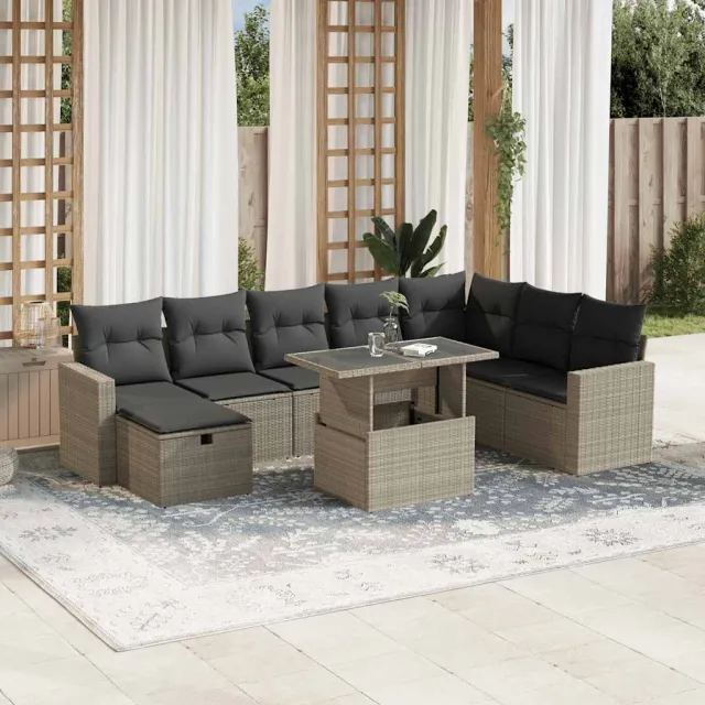 vidaXL 9-delige Loungeset met kussens poly rattan lichtgrijs grijs, foto 2