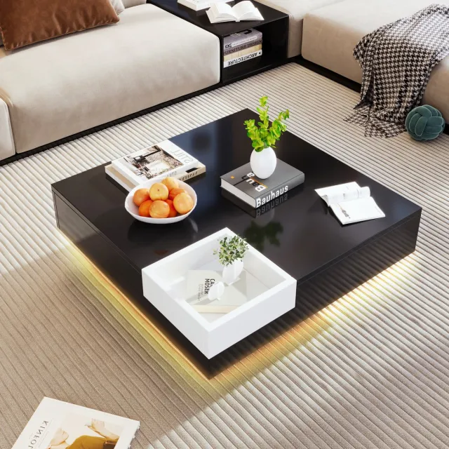 Clruro Salontafel - Hoogglans - Woonkamermeubel - Bijzettafel met Afneembare Opbergdoos - LED-Lichteffect - MDF - Wit/Zwart