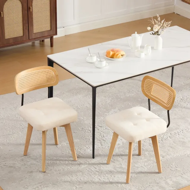 OKWISH Eetkamerstoel - Set Van 2 - 360° Draaibaar - Rotan Rugleuning - Chenille - Beige