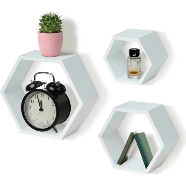 IvoQ Wandplanken Hexagon – Set van 3 – Hout – Wit Grenenhout – Zwevende Muurplanken – Inclusief Bevestiging