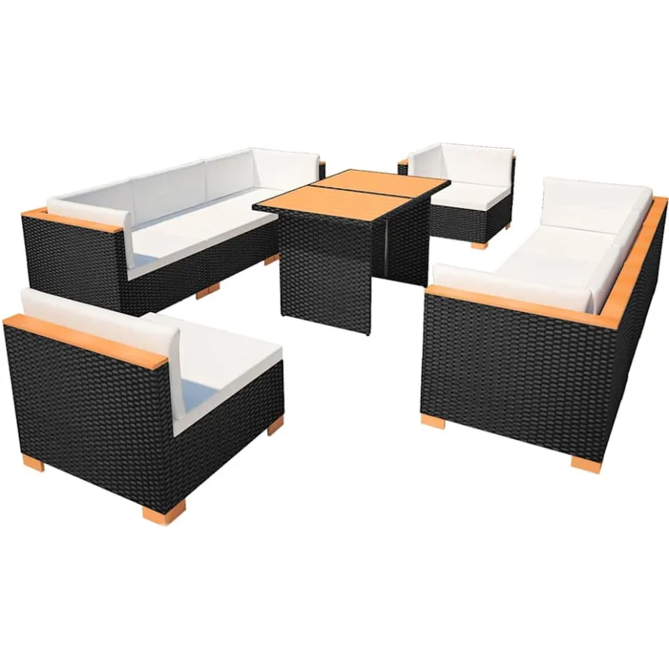 vidaXL 10-delige Loungeset met kussens poly rattan zwart, foto 3