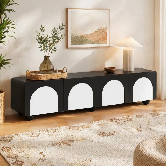Maisentiel Tv-meubel zwart-wit met 2 lades, 2 deuren en kabeldoorvoer - 180 x 38 x 45 cm Zwart en wit