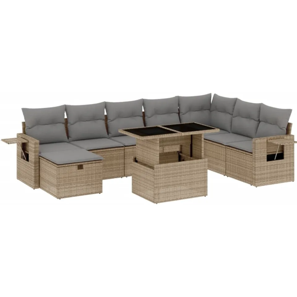 vidaXL 9-delige Loungeset met kussens poly rattan beige