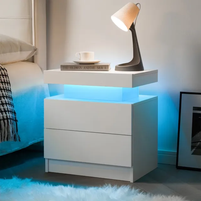 STILVORA Nachtkastje - Instelbare Ledverlichting Met Kleur En Helderheid - Met 2 Lades Voor Slaapkamer En Woonkamer - Hout - Wit