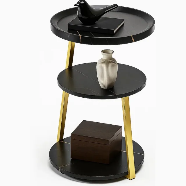 Lomera Moderne Bijzettafel - Zwart Goud - Goudkleurig Metalen Frame - Zwart Gemarmerd - Mdf Materiaal - Ronde Bijzettafel - Woonkamer Tafel - Luxe Design - Marmer Look - Veelzijdigheid & Flexibiliteit - Ruimtebesparend - Stelpootjes nvt