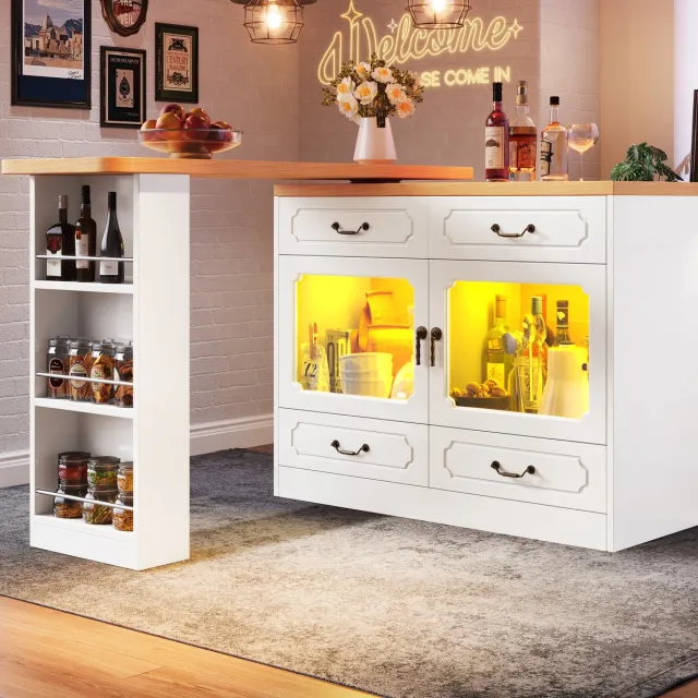WUVRIE Bartafel 135-203 x 39 x 92,8 cm - 4 lades, LED en 360° draaibaar - Naturel/wit