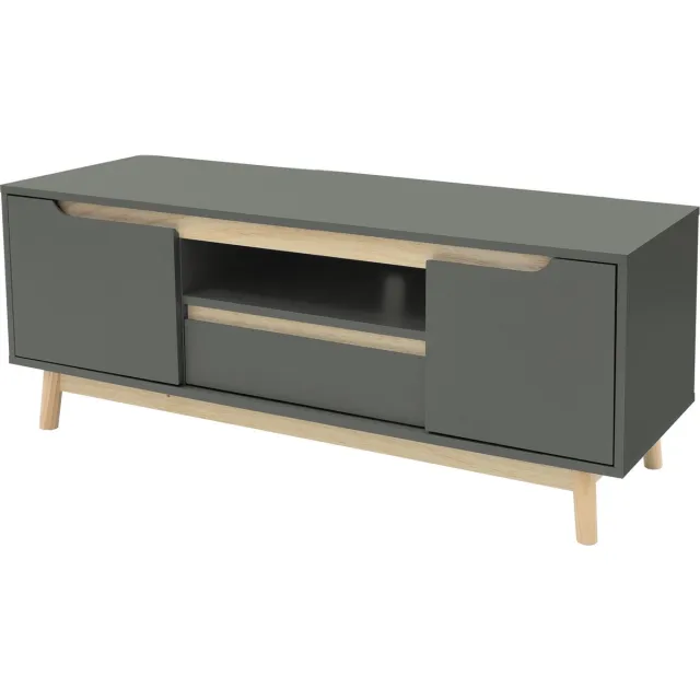 ml-design TV-meubel, 120x40x46 cm, groen-naturel, TV-tafel met 2 deuren, lade, plank, grenenhouten poten, natuurlijk design, TV lowboard voor in de woonkamer, TV-meubel voor TV's tot 55 inch