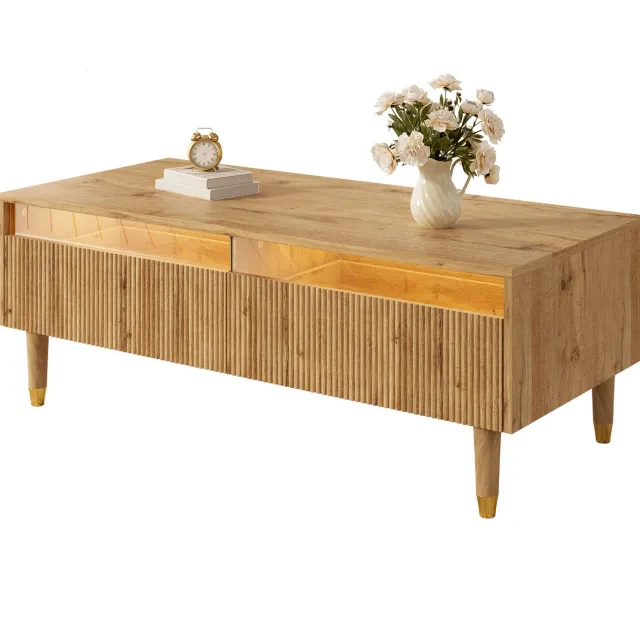 DantefHandels Dieser moderne LED-salontafel verfügt über eine gewellte ladenplatte, gold-houtfarbene poten, zwei laden en einen farbwechselnden LED-Lichtstreifen wood