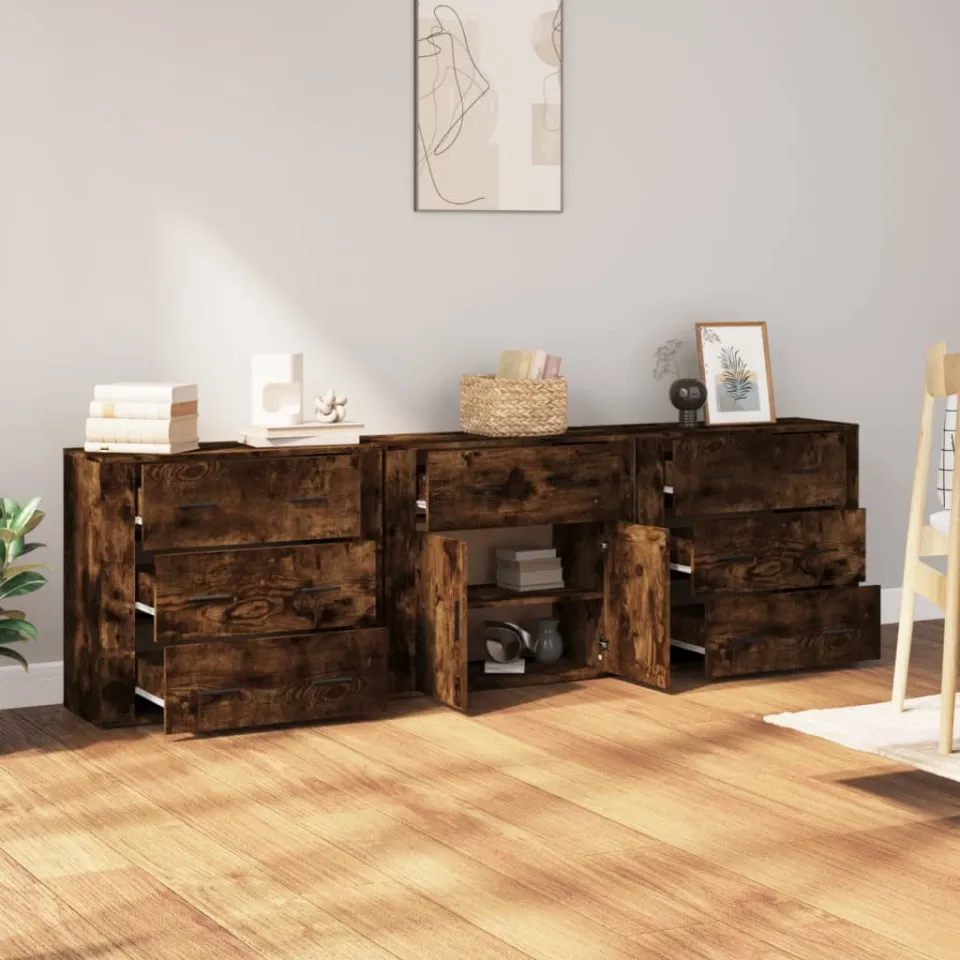 vidaXL Dressoirs 3 st bewerkt hout gerookt eikenkleurig, foto 3