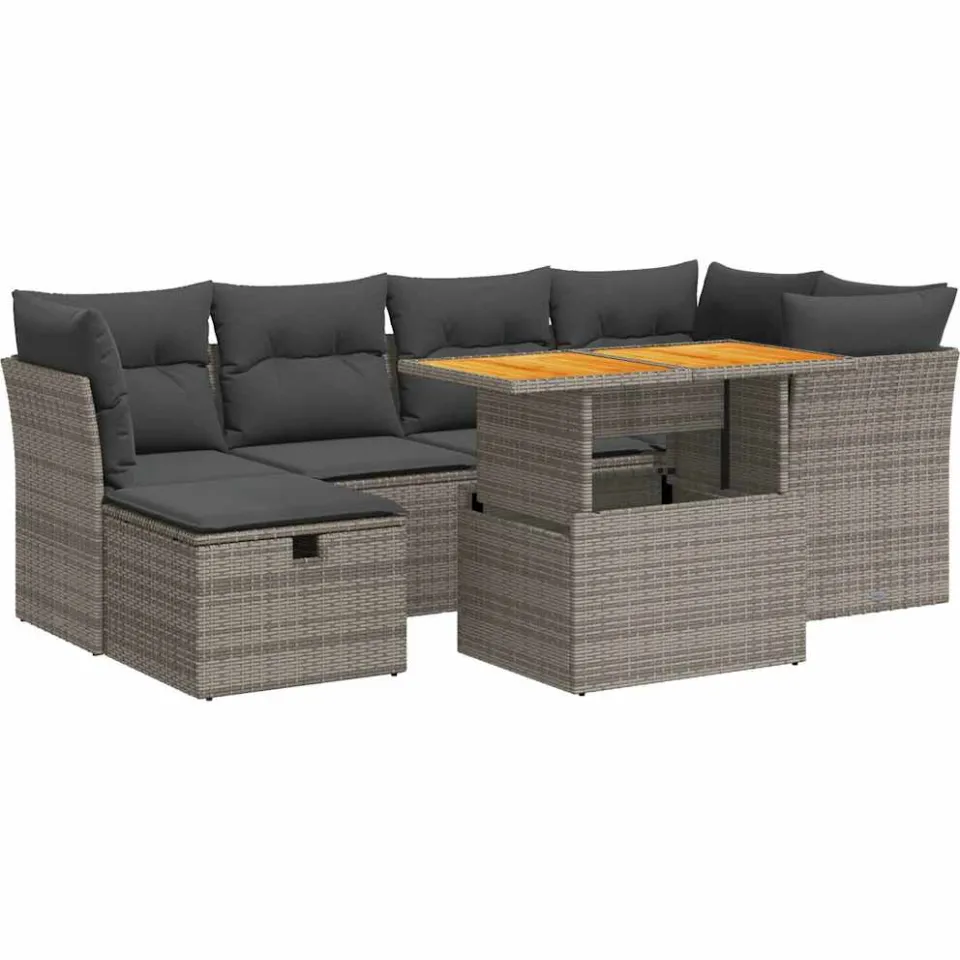 vidaXL 7-delige Loungeset met kussens poly rattan acacia grijs