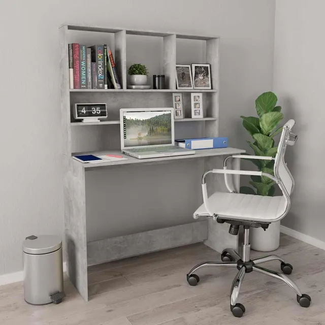 vidaXL Bureau met schappen 110x45x157 cm bewerkt hout betongrijs grijs, foto 2