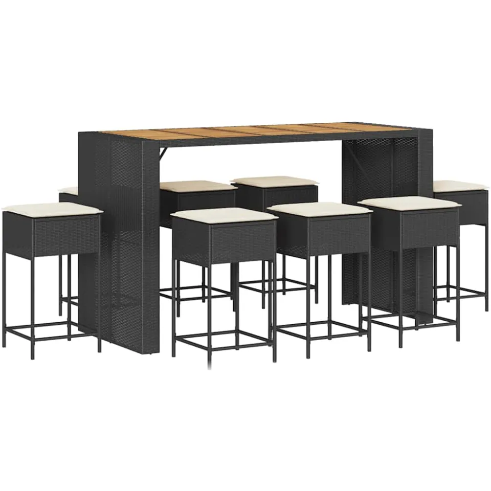 vidaXL 9-delige Tuinbarset met kussens poly rattan zwart