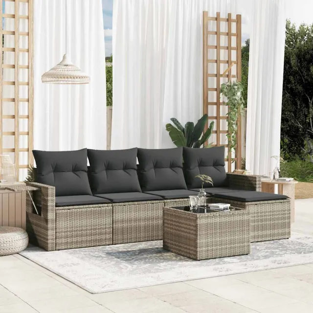 vidaXL 6-delige Loungeset met kussens poly rattan lichtgrijs grijs, foto 2