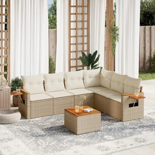 vidaXL 7-delige Loungeset met kussens poly rattan beige, foto 2