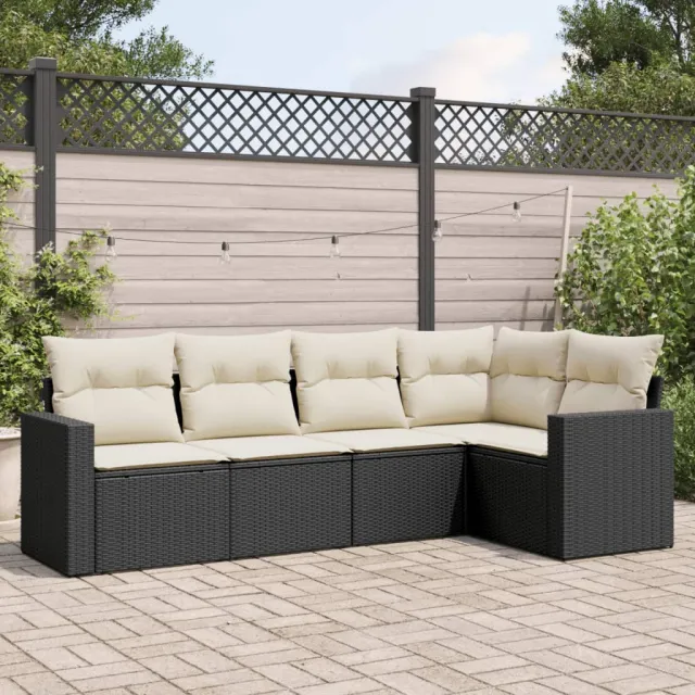 vidaXL 5-delige Loungeset met kussens poly rattan zwart, foto 2