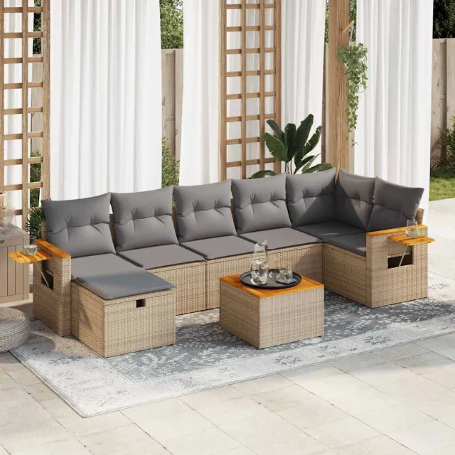 vidaXL 8-delige Loungeset met kussens poly rattan beige, foto 2