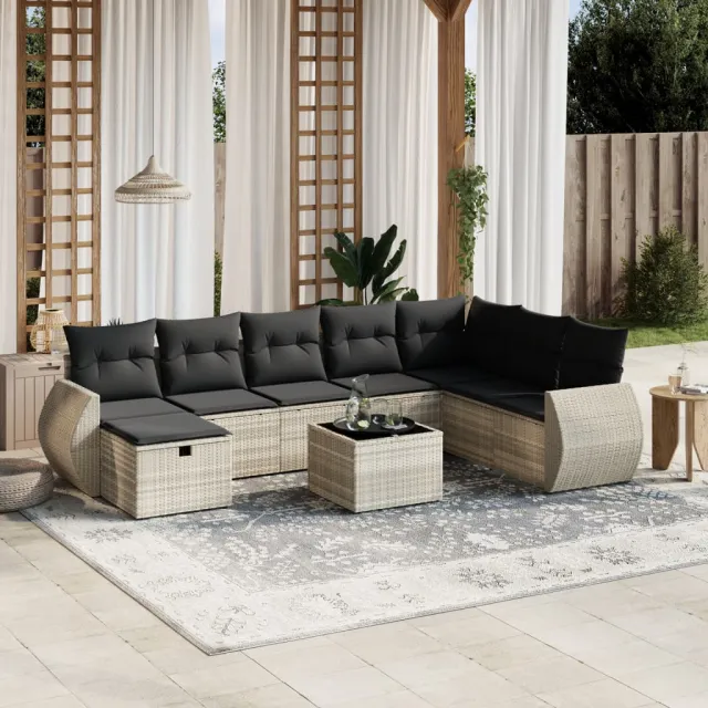 vidaXL 9-delige Loungeset met kussens poly rattan lichtgrijs grijs, foto 2