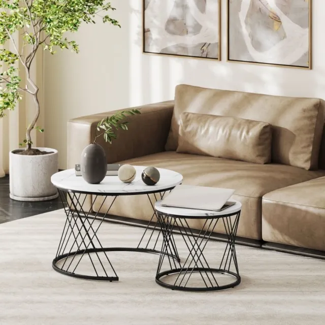 MEUNIQ salontafel set van 2 rond 70 x 70 x 46,5 cm en 44,5 x 44,5 x 39 cm nestbaar marmerlook wit met metalen frame voor woonkamer