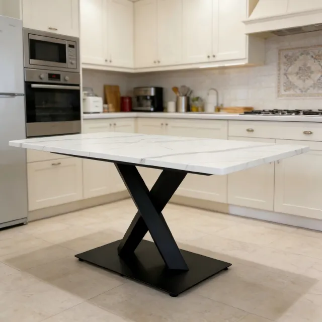 MEUNIQ rechthoekige eettafel 160 x 80 x 75 cm voor 6-8 personen, wit marmerlook MDF tafelblad met zwart metalen X-onderstel, voor eetkamer, keuken of werkkamer