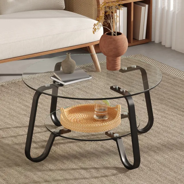 HAUSS SPOLE Salontafel - Ronde Dubbele Glaslagen Met Metaalframe - Industrieel Voor Woonkamer En Klein Interieur - Zwart - 80x80x45 Cm
