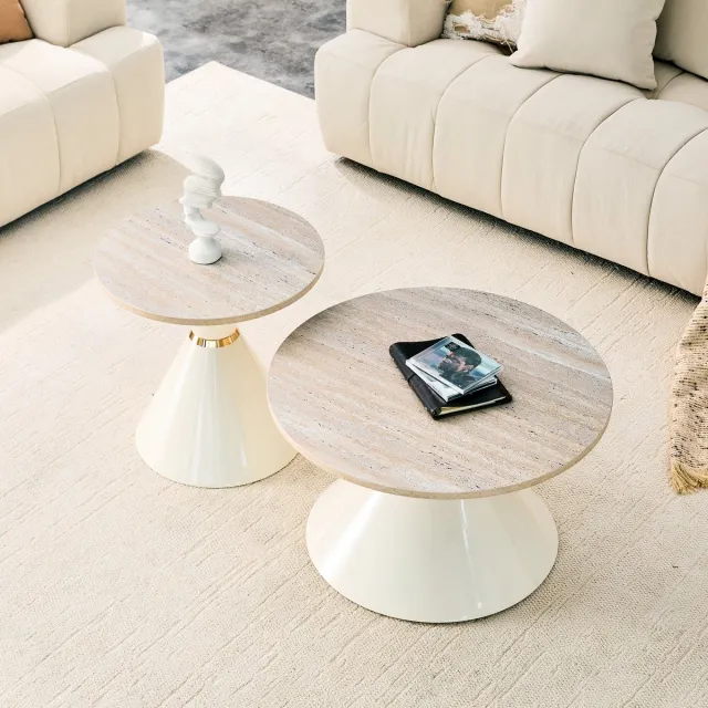 Ropilly Salontafel set van 2 - Ruimtebesparend - Travertin look tafelblad - Woonkamer - Houtkleur