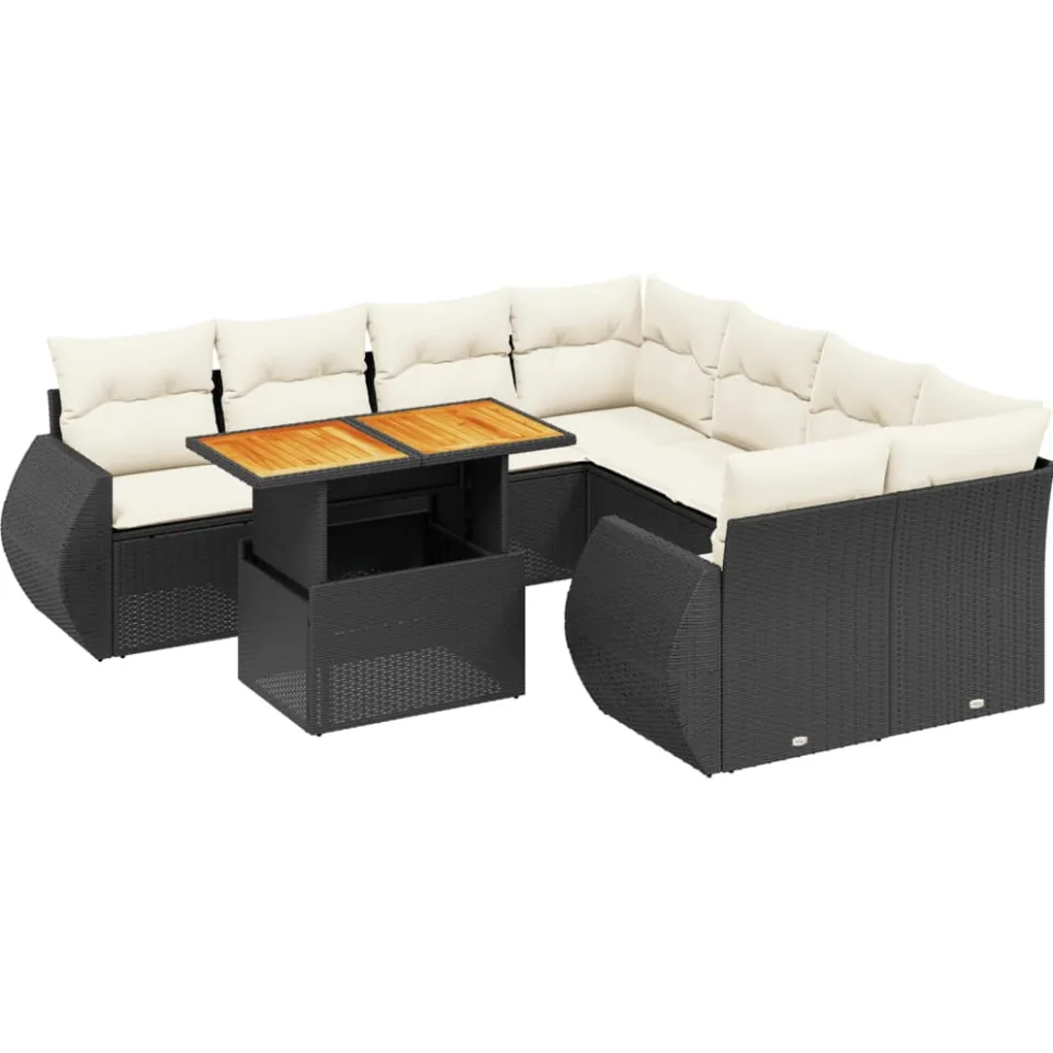 vidaXL 9-delige Loungeset met kussens poly rattan zwart, foto 3