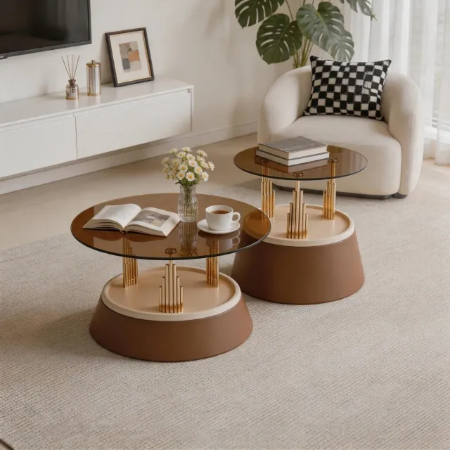 DESMIU Salontafel Set - Ronde Glazen Plaat Met Nesting Design - Modern Voor Woonkamer En Interieur - Metaal En Glas - Bruin - 70x60x48 Cm