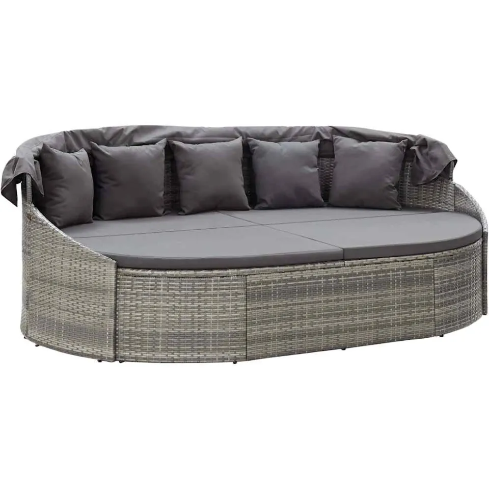 vidaXL Loungebed met luifel poly rattan grijs, foto 3