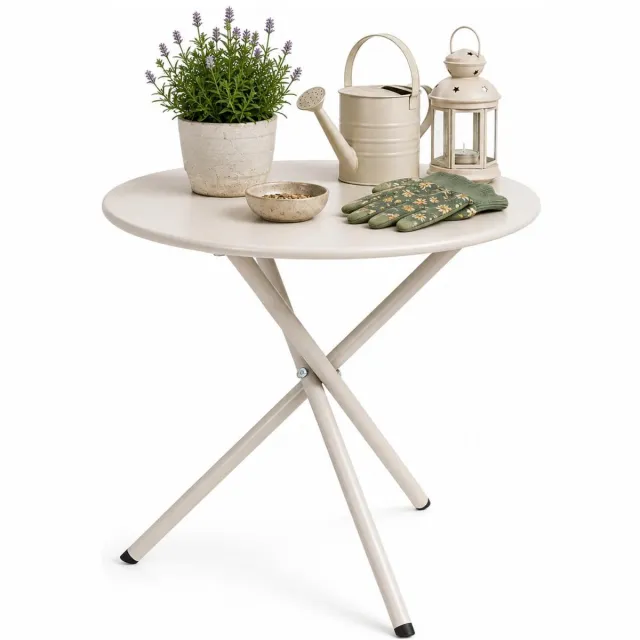 Ambiance Tuin bijzettafeltje - creme wit - metaal - Dia 48 cm - Hoogte 48 cm - rond - koffietafel