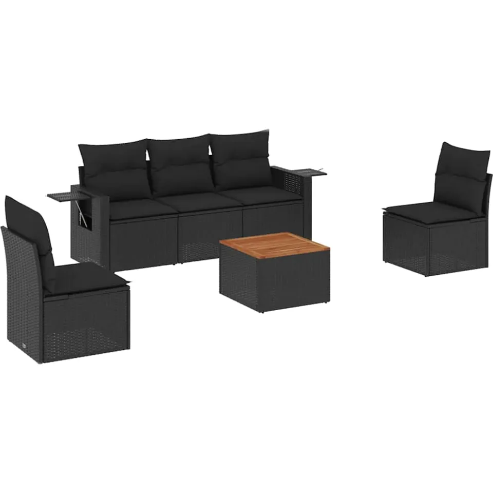 vidaXL 6-delige Loungeset met kussens poly rattan zwart, foto 3