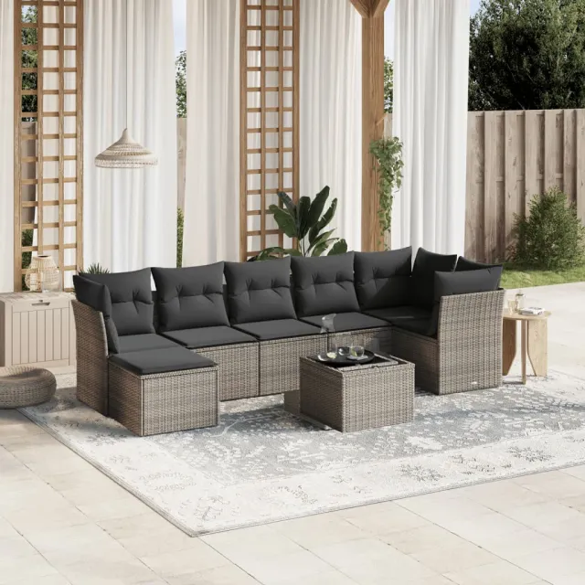 vidaXL 8-delige Loungeset met kussens poly rattan lichtgrijs grijs, foto 2