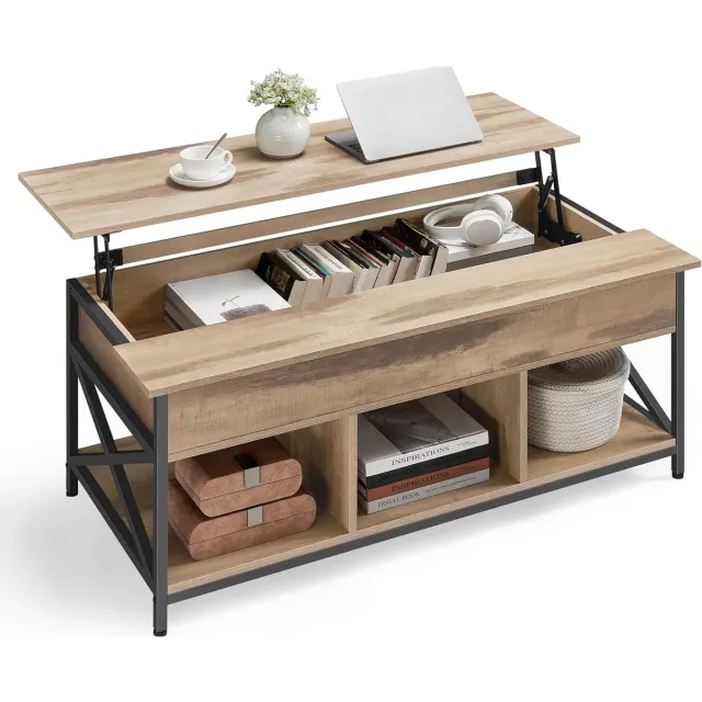 FurnStar Salontafel - In Hoogte Verstelbare Woonkamertafel - Koffietafel - Open En Verborgen Opbergruimte - 60 X 120 X (48-62) Cm - Camelbruin-zwart
