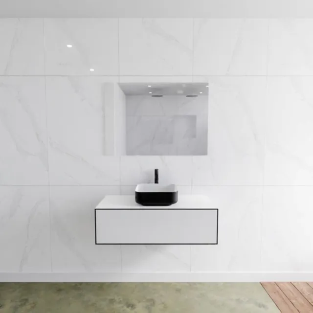 Mondiaz Badkamermeubelset Mondiaz LAGOM 100 cm Topblad met Gecentreerde Wastafel Solid Surface Opzetkom Binx met 1 Kraangat Mat Zwart (1 lade) mat zwart -