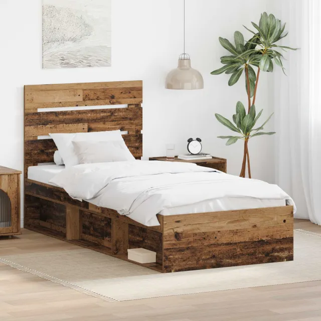 vidaXL Bedframe met hoofdeinde Oudhout 75 x 190 cm Massief grenenhout Bruin