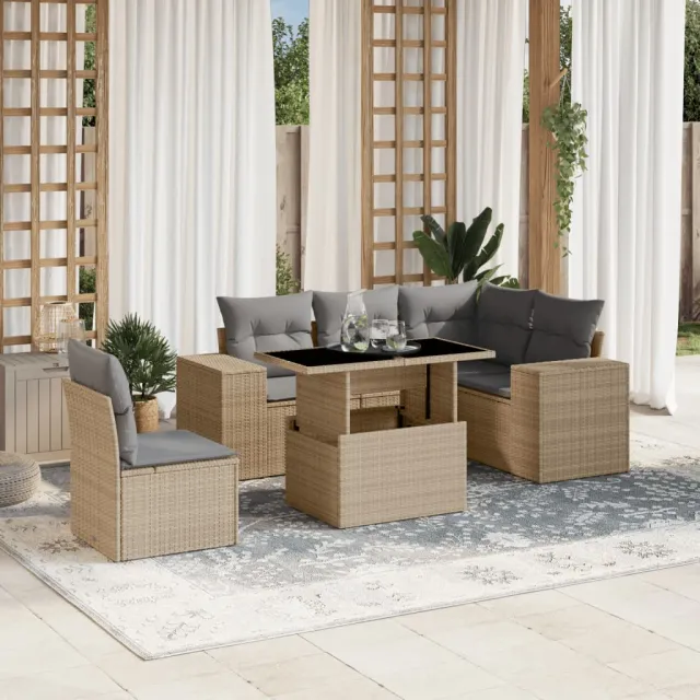 vidaXL 6-delige Loungeset met kussens poly rattan beige, foto 2