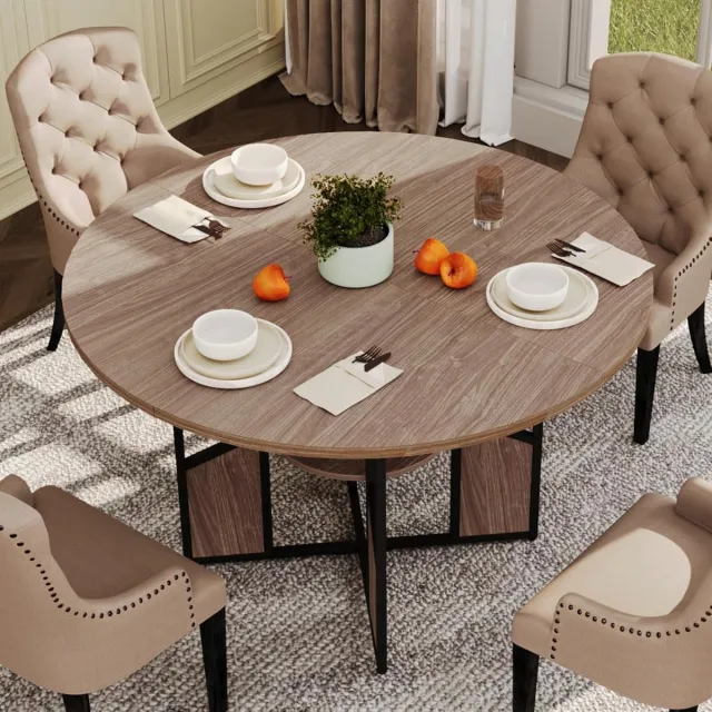 Triumpunpre Eettafel Rond 150cm - 150x150x75cm - Opbergruimte en Stevige tafelpoten - Keukentafel geschikt voor 4 Personen - Zonder Stoelen - voor Eetkamer en Woonkamer - Walnootkleur