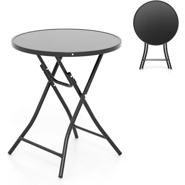 KOMFOTTEU Opvouwbare tuintafel, ronde bijzettafel, diameter 59 cm, tuintafel met tafelblad van gehard glas, balkontafel met metalen frame, voor terras, veranda, zwembad, zwart