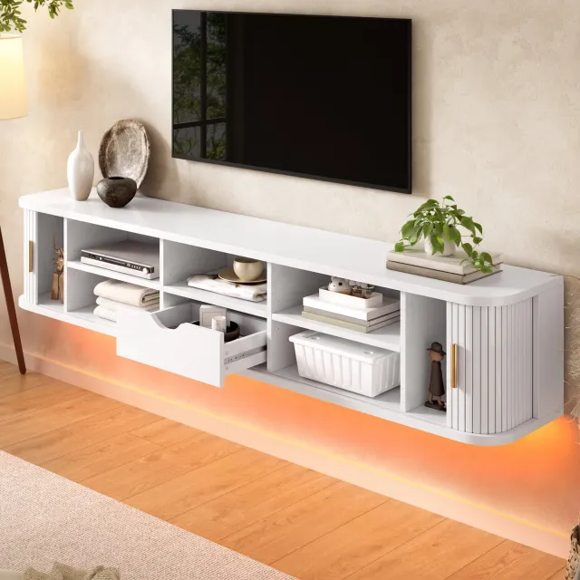 HAUSS SPOLE Wandhangend Tv-Meubel - Schuifdeuren met Lade en Verstelbare Planken - Ledverlichting voor Woonkamer - MDF - 175x30x30 Cm - Wit