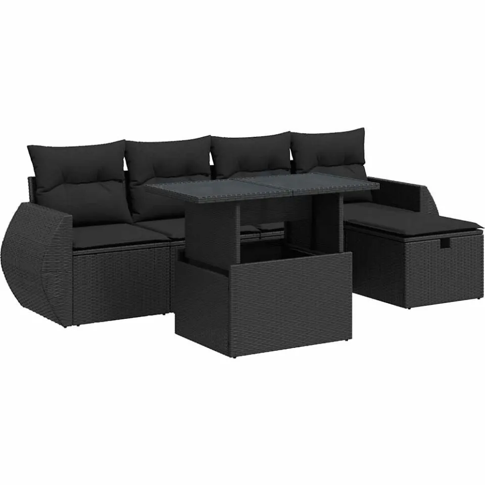 vidaXL 6-delige Loungeset met kussens poly rattan zwart, foto 3