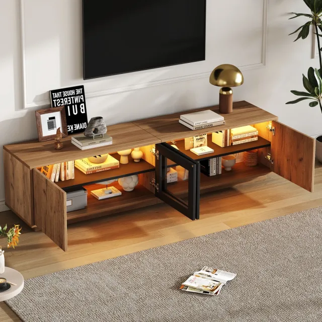 MEUNIQ TV-meubel 180 x 40 x 45 cm met 4 deuren, gehard glazen deuren, app-gestuurde LED-verlichting en opbergruimte voor woonkamer, naturel en zwart Naturel houtkleur