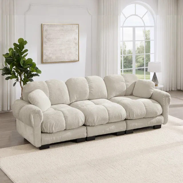 OKWISH Zitbank 260 cm - 3-Zits Bank Met Gewatteerde Zitting En 2 Sierkussens - Voor Woonkamer - Chenille - Licht Khaki Licht kaki