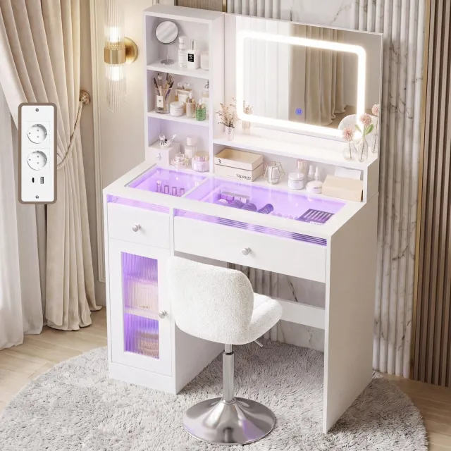 Devoko Kaptafel met Spiegel en RGB LED-verlichting – 3 Lichtkleuren – 2 Laden, 1 Kast en 4 Open Vakken – 2 Stopcontacten, USB en USB-C – 88 × 40 × 135 cm – Mat Wit