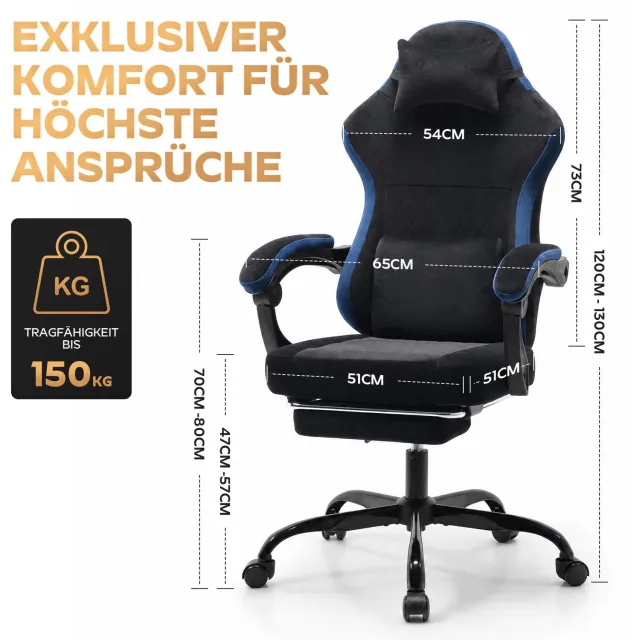 MODENUIT Gamingstoel - Verstelbare Rugleuning En Voetensteun - Voor Thuiskantoor - Stof - Zwart En Blauw