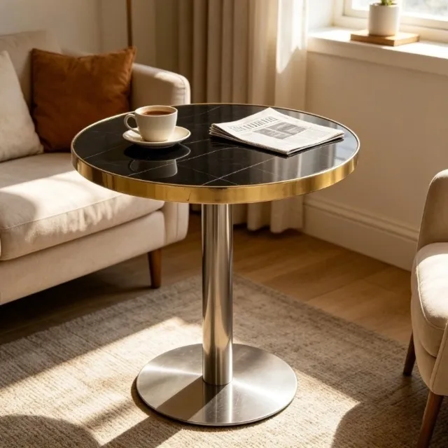 COVREO Bijzettafel Ø 60 x 73,7 cm – zwarte marmerlook fineer, MDF blad, goudkleurige RVS voet