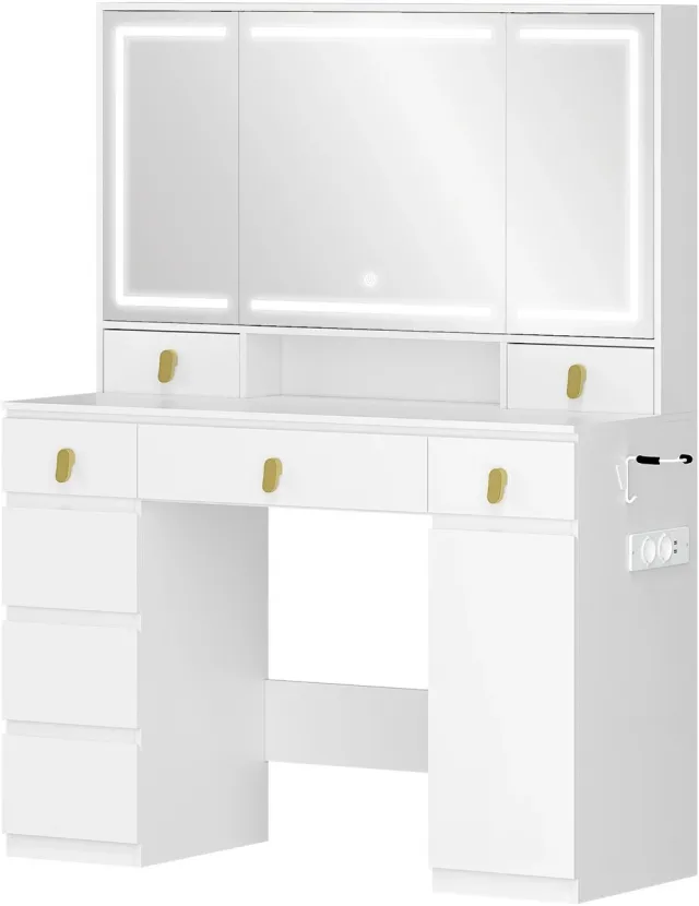 Happiq Dressing Table – Voor Slaapkamer en Make-up – Kaptafel met Spiegel, LED-Verlichting, Stopcontact en Föhn Houder, 8 Lades – Wit met 3 Lichtkleuren White